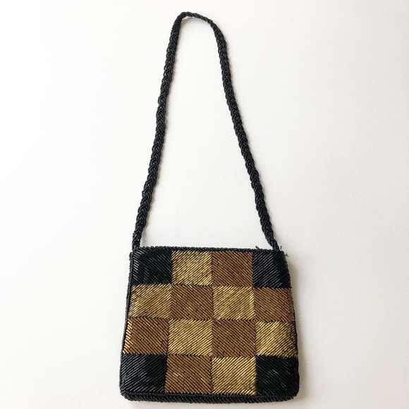 VTG Hand Beaded Shoulder Bag Checkered Gold Black - Picture 1 of 11